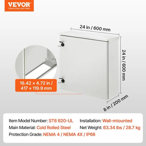 Miniatura 7 de VEVOR Carcasa Eléctrica, 24'' x 24'' x 8'', Carcasa Exterior NEMA 4, IP65 Impermeable y a Prueba de Polvo de Acero al Carbono Laminado en Frío, Caja