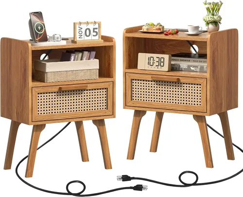 Miniatura 9 de Lerliuo Mesita de noche de ratán con estación de carga, Mesa auxiliar bohemia con cajón y estante abierto, Mesa auxiliar con acento de caña
