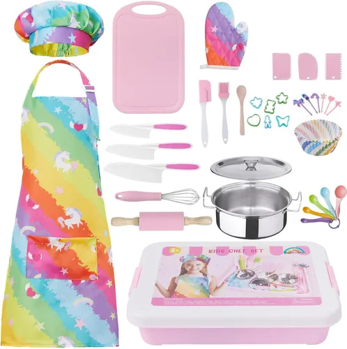 Juego de cocina real de 42 piezas para niños, juego de cuchillos para niños, kit de repostería, utensilios de cocina, ollas y sartenes de juguete,