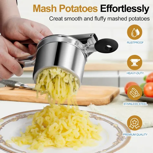Miniatura 4 de AHFLRITO Ricer de patatas, Ricer resistente para puré de patatas, Triturador de patatas grande de acero inoxidable con mango ergonómico, eficiente