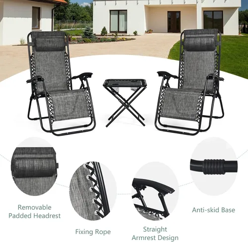 Miniatura 8 de HAPPYGRILL Juego de sillas de salón Zero Gravity con mesa auxiliar, sillas reclinables plegables con mesa auxiliar y almohada, juego de 3 piezas