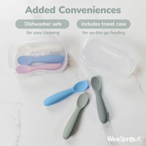 Miniatura 6 de WeeSprout Cucharas de bebé para autoalimentación a partir de 6 meses, utensilios de silicona suaves y duraderos para encías y dientes sensibles