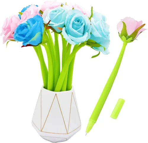 Miniatura 11 de 12 bolígrafos creativos de tinta de gel con flores artificiales, color negro líquido, tinta de gel de 0.020 in, para niñas y mujeres, suministros