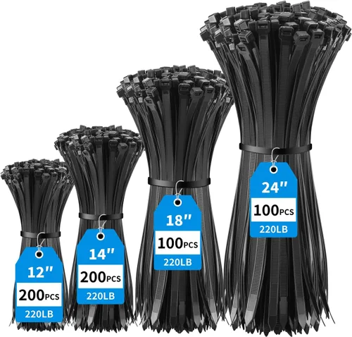 Miniatura 23 de XINGO Bridas de cremallera negras de 48 pulgadas para trabajo pesado 25 PCS, 200 LBS Bridas de alambre de plástico ultra fuertes, Bridas de cable