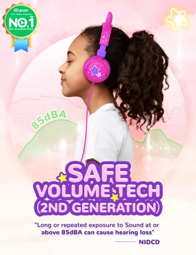 Miniatura 2 de iClever - Auriculares infantiles con diseño de oreja de gato, luz LED, volumen seguro de 85 dBA, auriculares estéreo para niños para viajes