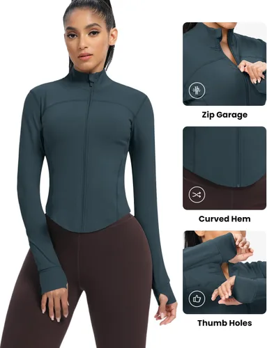 Miniatura 25 de AVGO Chaquetas de entrenamiento recortadas para mujer, con cremallera, ajustadas, atléticas, con agujeros para el pulgar