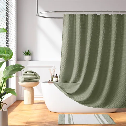 Miniatura 42 de Madison Park Cortina de ducha de tejido waffle con diseño a rayas en piezas, cortina de ducha de tela para baño con gestión de humedad 3M Rayas Taupe