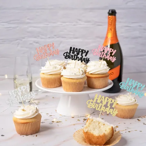 Miniatura 8 de Gyufise 24 piezas de decoración para pastel de cumpleaños con purpurina, adornos brillantes para pastel de cumpleaños, adornos de comida para 6