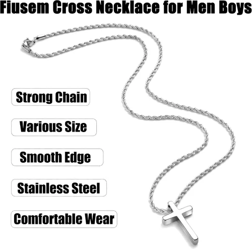 Miniatura 4 de Fiusem Collar de cruz para hombre, collar con dije de cruz en tono plateado y cadena de cruz para hombres y niños, collar de cruz de acero