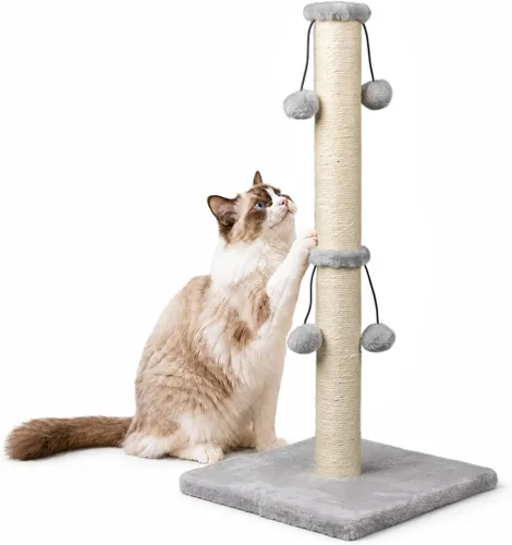 Dimaka - Rascador de gatos de 29 pulgadas con cuerda de sisal natural, rascador para garras de gatitos con 4 bolas de juguete colgantes para gatos