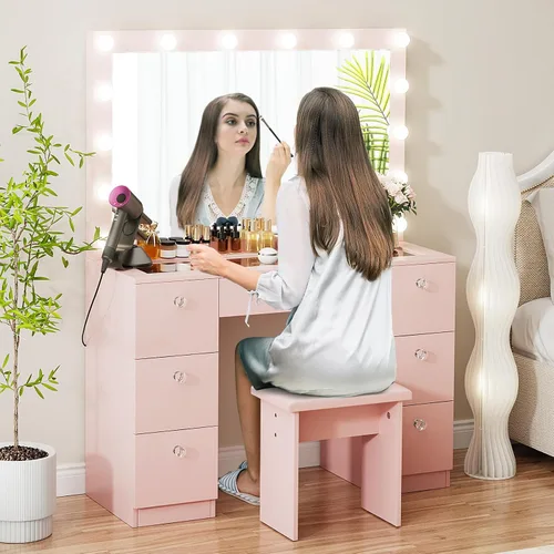 Miniatura 6 de VOWNER Tocador con espejo iluminado: escritorio de maquillaje con parte superior de vidrio con 7 cajones y toma de corriente, 3 modos de iluminación