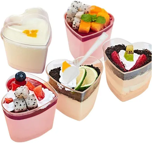 Mini vasos de postre de 4 onzas, vasos de muestra de sabor transparente, 25 piezas reutilizables de plástico para postres + tapa + cuchara,