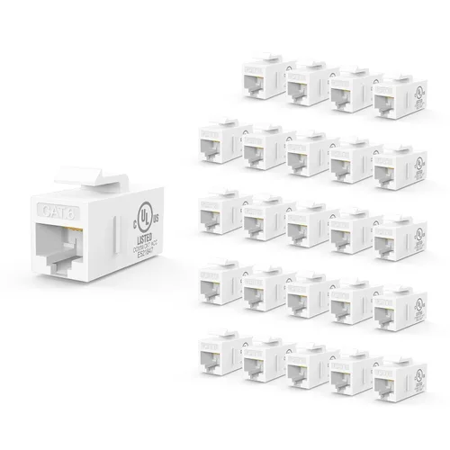 VCE Paquete de 25 acopladores Keystone RJ45 CAT6 con certificación UL, acoplador hembra a hembra, acoplador en línea UTP CAT6 Keystone blanco