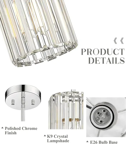 Miniatura 3 de Lámpara colgante de cristal cromado pulido, lámpara colgante moderna, mini lámpara para cocina, comedor, dormitorio, CKPL5510-1P-PC Cromo pulido