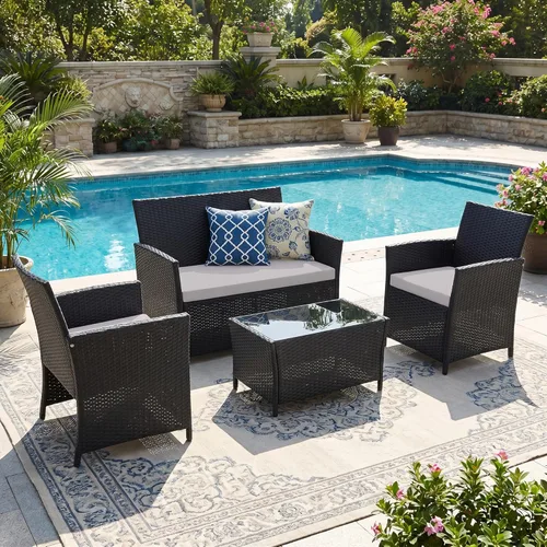 Miniatura 3 de FHFO Juego de 4 muebles de patio al aire libre, muebles de exterior, juego de sofá modular de mimbre para conversación al aire libre, juego de sofá