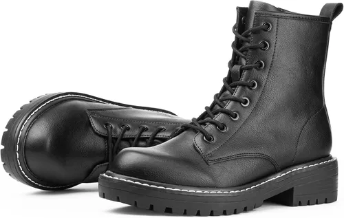 Miniatura 7 de ICHIGO Botines al tobillo de moda para mujer, botas de combate con 8 ojales, cremallera lateral y cordones