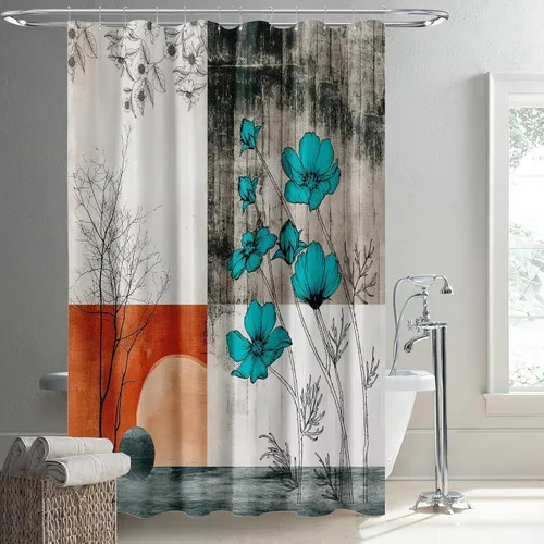 Cortina de ducha floral de granja, cortina de baño rústica de flores color teja con estampado botánico gris impermeable de tela - 72x72 pulgadas