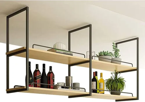 Miniatura 4 de Estantería de techo, estante de almacenamiento montado en el techo de 2 niveles de madera maciza de hierro nórdico, libros de plantas para botellas
