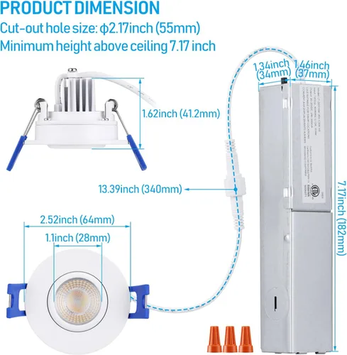 Miniatura 6 de TORCHSTAR 5CCT - Lámpara empotrable LED de cardán de 2 pulgadas, aluminio, CRI90+ regulable regulable con globo ocular giratorio, luz de techo LED