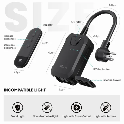 Miniatura 2 de TREATLIFE Enchufe de atenuación con control remoto inalámbrico de 100 pies, resistencia a la intemperie IP44, atenuador al aire libre para luces