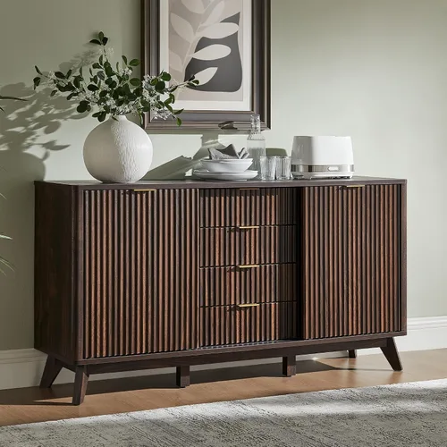 T4TREAM Gabinete de buffet acanalado, aparador moderno de 60 pulgadas con puertas corredizas y 4 cajones, mesa de bar de café con almacenamiento,