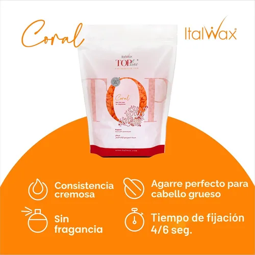 Miniatura 2 de Italwax Top Line Cera Dura Coral 1.65 lb (750g) – Textura Cremosa Naranja Intensa con Agarre Fuerte, Ideal para Bikini y Cabello Grueso, Aplicación