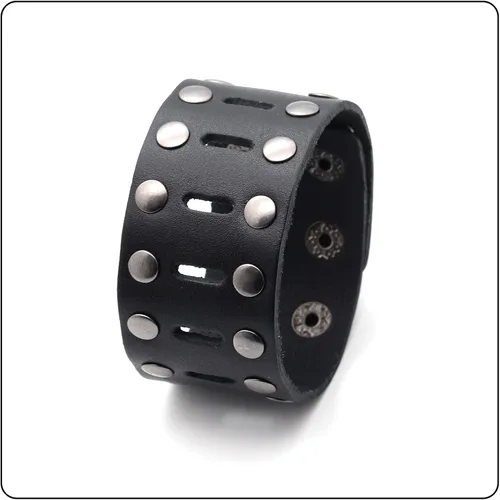 Miniatura 4 de Pulsera de cuero ancho hueco de doble fila de remaches punk rock