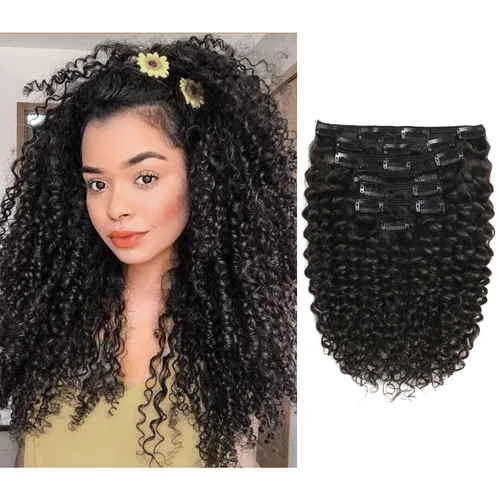 Loxxy Jerry - Extensiones de cabello humano rizado de color negro natural con clip, cabello humano Remy real, 4.23 onzas, 3B 3C, doble trama, cabeza