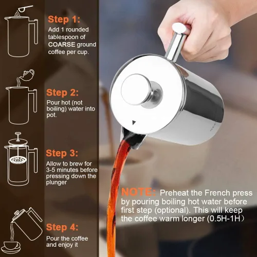 Miniatura 6 de Secura - Cafetera de prensa francesa de acero inoxidable 304 con 2 filtros adicionales Plateado