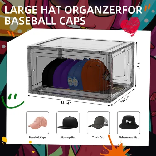 Miniatura 2 de Caja organizadora de sombreros para gorras de béisbol, paquete de 6 estuches de almacenamiento de sombreros de plástico con puerta magnética