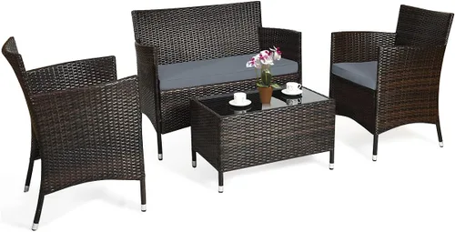Miniatura 11 de COSTWAY Juego de 4 muebles de ratán para patio, sillas de mimbre para exteriores con mesa auxiliar, juego de conversación acolchado de ratán