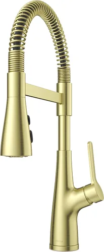 Pfister Neera - Grifo de cocina de estilo comercial con rociador desplegable de una sola manija, acabado dorado cepillado de arco alto, 3 ajustes de