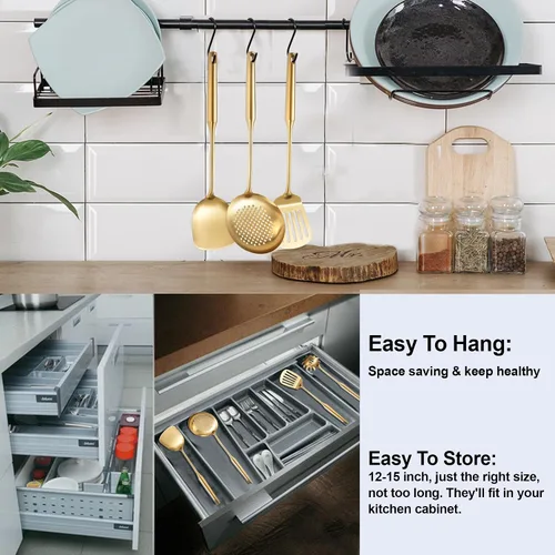 Miniatura 6 de Utensilios de cocina dorados para cocinar, 13 unidades, acero inoxidable, cuchara ranurada sólida, tenedor, espátula, cucharón, espumador, afinador