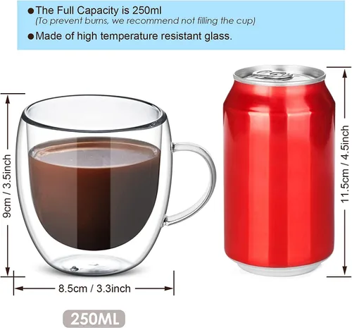 Miniatura 3 de Tazas de café de vidrio de 8 oz de doble pared, juego de 4 tazas de vidrio transparente, tazas de café de vidrio de borosilicato aisladas con asa