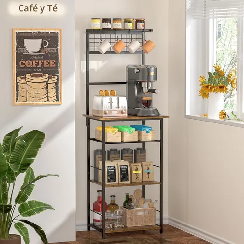 Miniatura 4 de Estación de café de 5 niveles, soporte de cocina con 4 ganchos en forma de S, gabinete de barra de café de esquina estilo granja para espacios