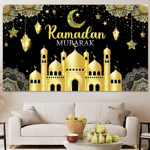 Miniatura 7 de Boyiee Decoración de Ramadán Mubarak, telón de fondo musulmán Ramadán Kareem, letrero de Eid Mubarak, fondo de cabina de fotos para el hogar, Negro