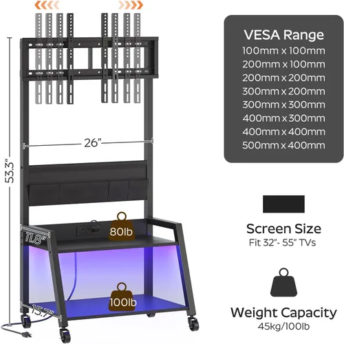 Miniatura 5 de YATINEY Soporte de TV móvil con toma de corriente, soporte de TV móvil con luz LED de hasta 55 pulgadas, carrito de TV con soporte, 5 bolsas de tela