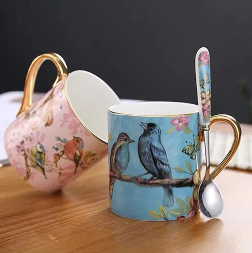 Miniatura 6 de Taza de café de porcelana de porcelana de hueso para la oficina de la cocina del hogar - Patrones de pájaros (azul)