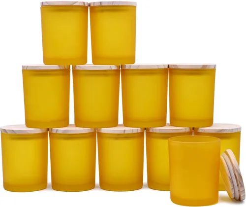 Miniatura 11 de SHOWIN Tarros de vela gruesos de 14 OZ para hacer velas 12 Piezas, tarros vacíos de 3 mechas con tapas de madera para hacer velas, recipiente