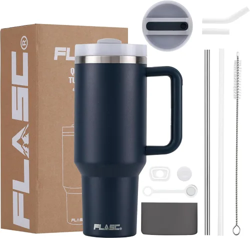 Miniatura 11 de FLASC Vaso de 40 onzas con asa y popote Vaso aislado 100% a prueba de fugas con tapa y pajilla, incluye todos los accesorios: popote de acero