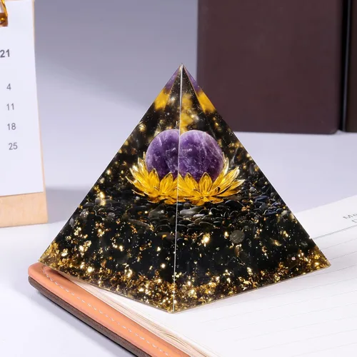 Miniatura 2 de Rockcloud Esfera de piedra de cristal de pirámide de orgón en base de loto generador de energía para meditación de equilibrio de chakras, amatista