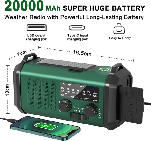 Miniatura 5 de Radio meteorológica NOAA 20000mAh Radio de manivela de emergencia Solar Panel, AM/FM Portable Battery Operated with LED Flashlight & SOS Alarm