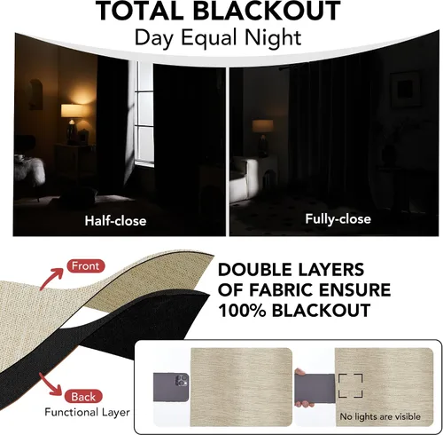 Miniatura 5 de Deconovo Cortinas opacas de lino sintético con ojales, paneles reductores de ruido con respaldo negro para sala de estar, 2 paneles, beige nuevo, 52