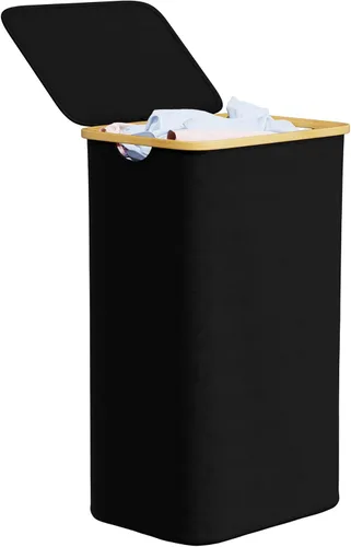 SpaceAid Cesta de lavandería con tapa, 110L de gran capacidad, cesta alta para ropa con asas de bambú, cesta plegable para dormitorio, baño, Negro