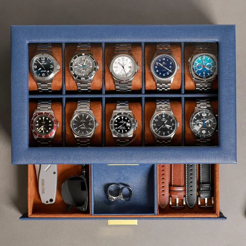 Miniatura 26 de ROTHWELL Caja de reloj de cuero de 10 ranuras con cajón de valet, organizador de exhibición de lujo con forro de microgamuza ultrasuave, soporte