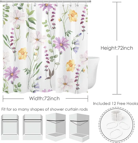 Miniatura 4 de Cortina de ducha de flores silvestres amarillas, moradas, florales y verde salvia con hojas de eucalipto sobre blanco, juego de cortina de ducha