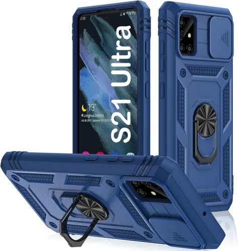 Miniatura 11 de PASNEW Funda para Samsung Galaxy S22 Ultra 5G, cubierta de cámara deslizante y soporte de dedo de metal giratorio de 360°, militar, resistente, a