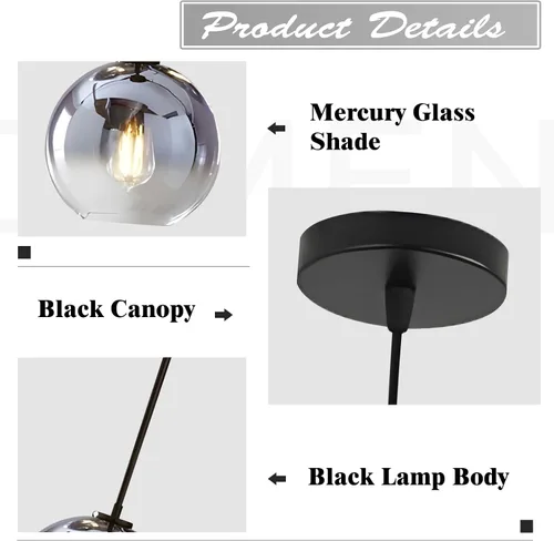 Miniatura 3 de KCO Lighting Globo Colgante Moderno Negro Luz Colgante de Techo de Vidrio Mercurio Luz Colgante de Cocina Plateada de Mediados de Siglo Iluminación