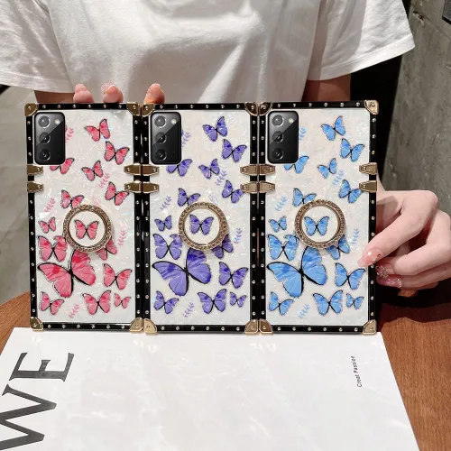 Miniatura 17 de Funda de mariposa con soporte de anillo para Galaxy Z Flip 3 para mujeres y niñas, diseño de caja cuadrada de lujo, diseño de mármol brillante