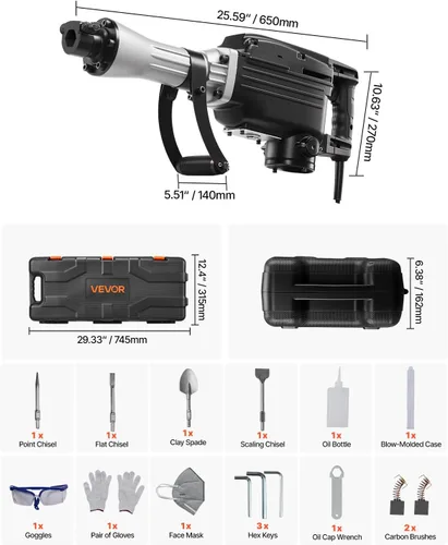 Miniatura 7 de VEVOR Demolition Jack Hammer, potente martillo eléctrico de 2800 W, rompedor de concreto de 1200 BPM con 3 cinceles, una pala de arcilla, funda